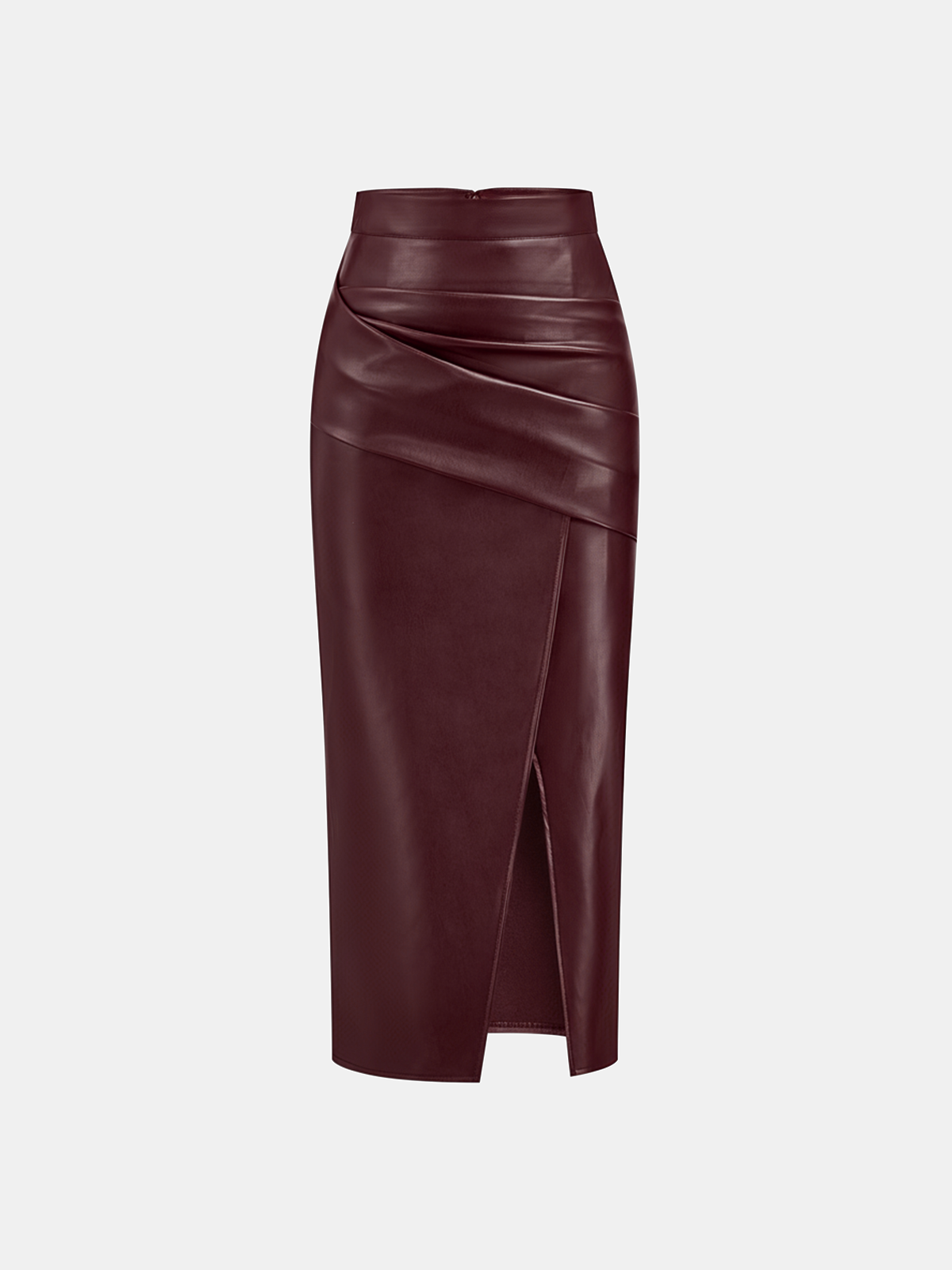 Ruched Slit PU Leather Midi Skirt