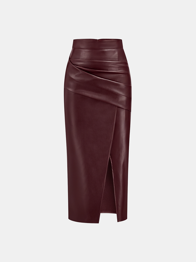 Ruched Slit PU Leather Midi Skirt