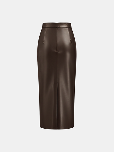 Ruched Slit PU Leather Midi Skirt