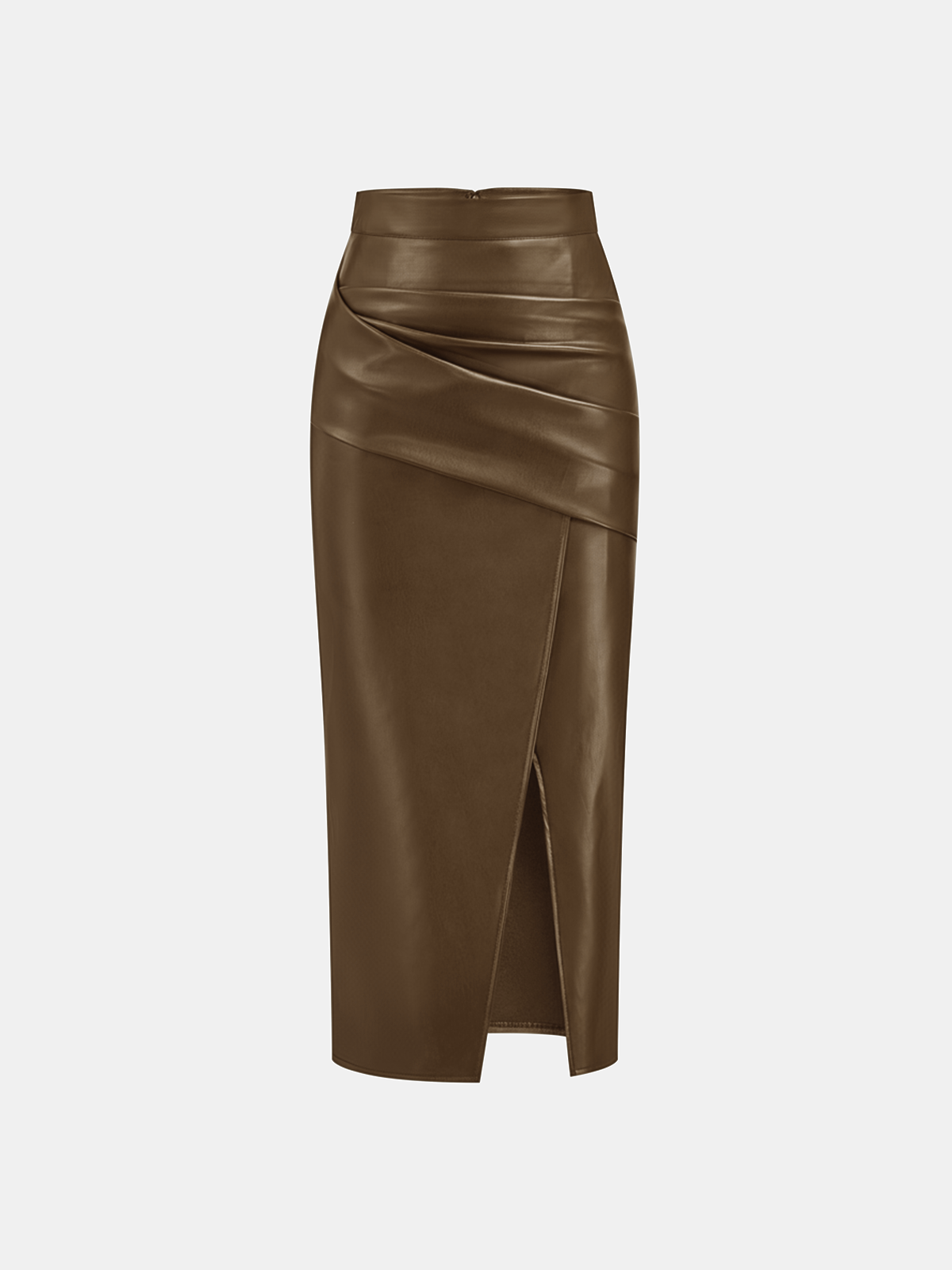 Ruched Slit PU Leather Midi Skirt