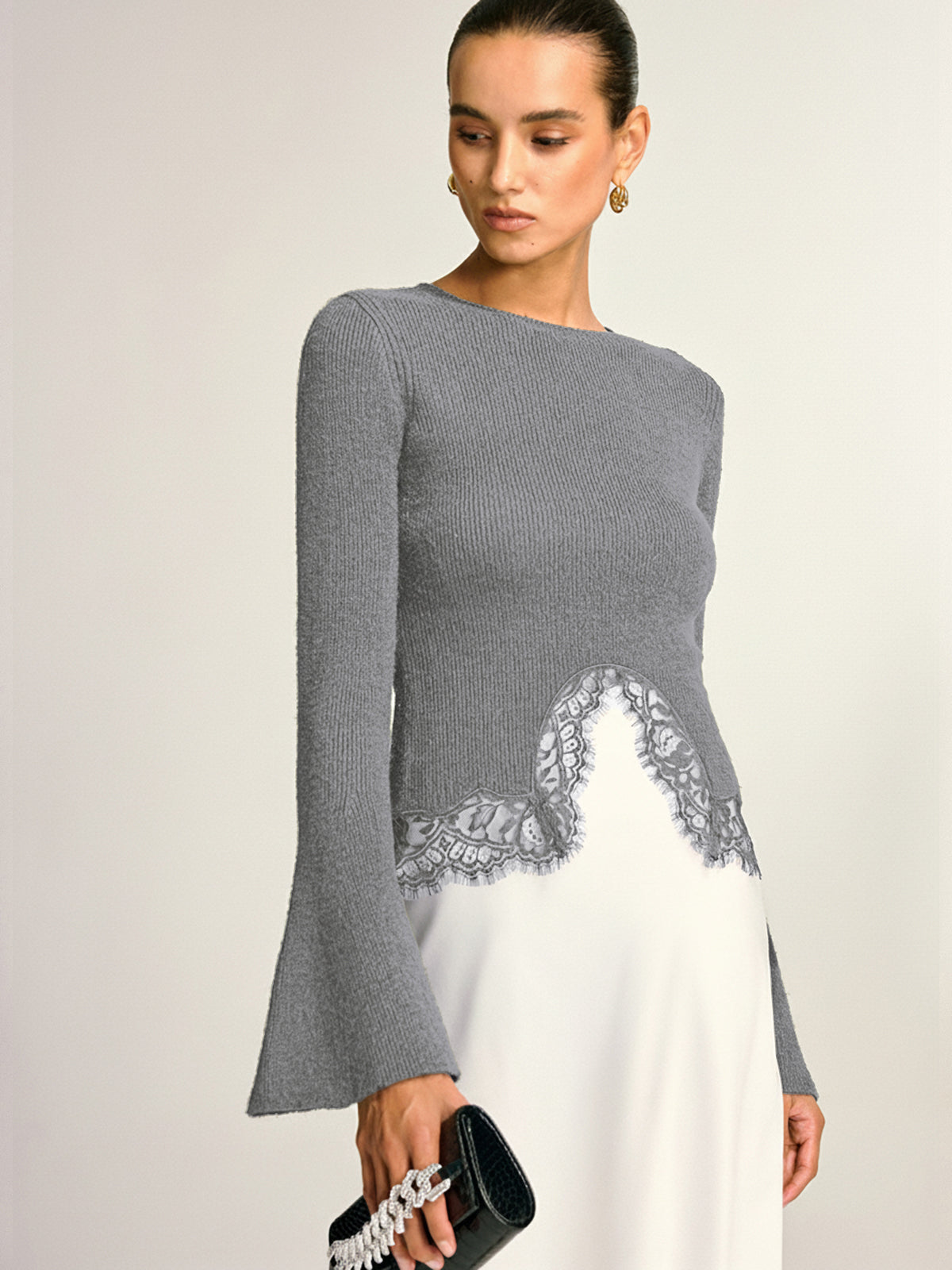 Lace Hem Bell Sleeve Wool Blend Knit Top