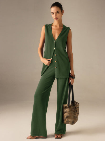 Golden Button Knit Vest Pants Set