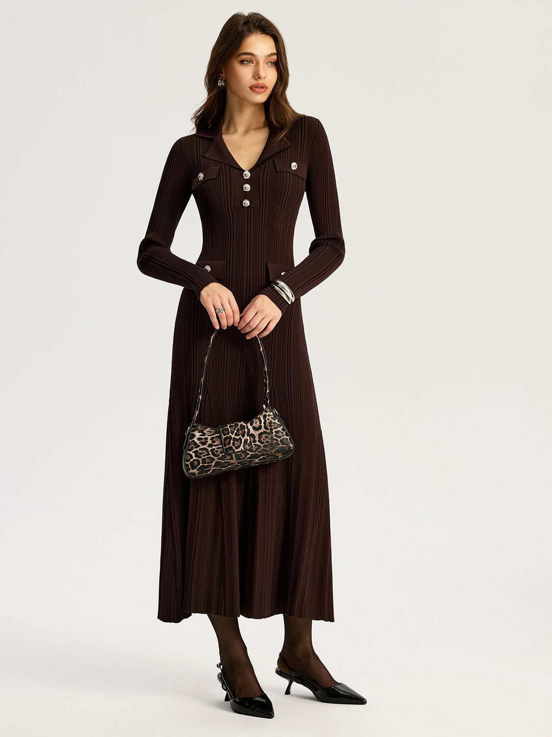 Lapel Metal Detail Knit Maxi Dress