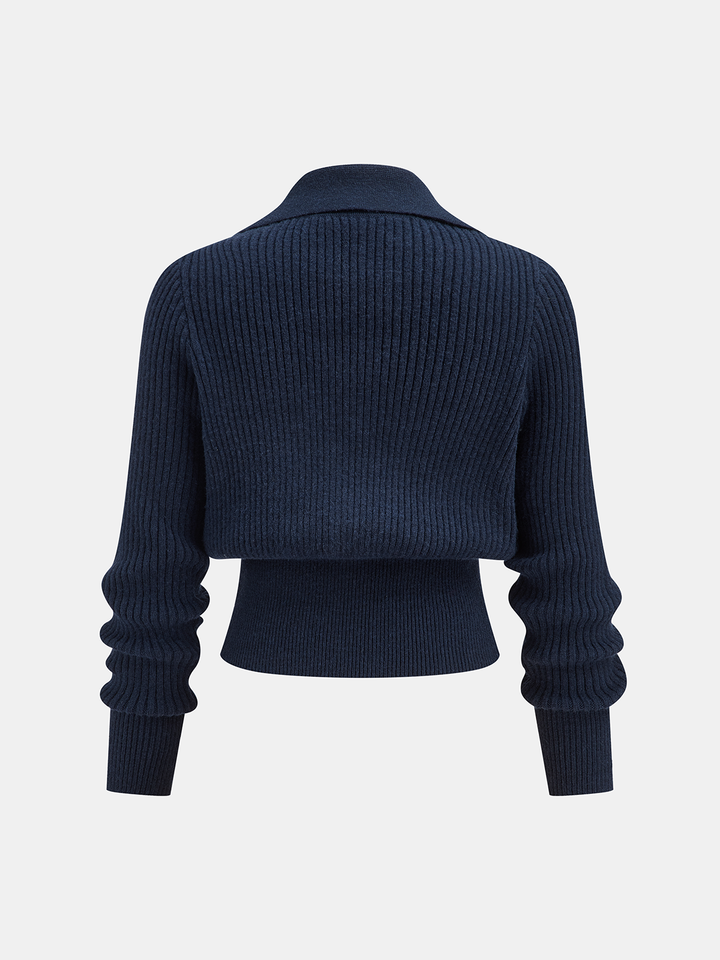 Collared Metal Buckle Ribbed Cropped Sweater