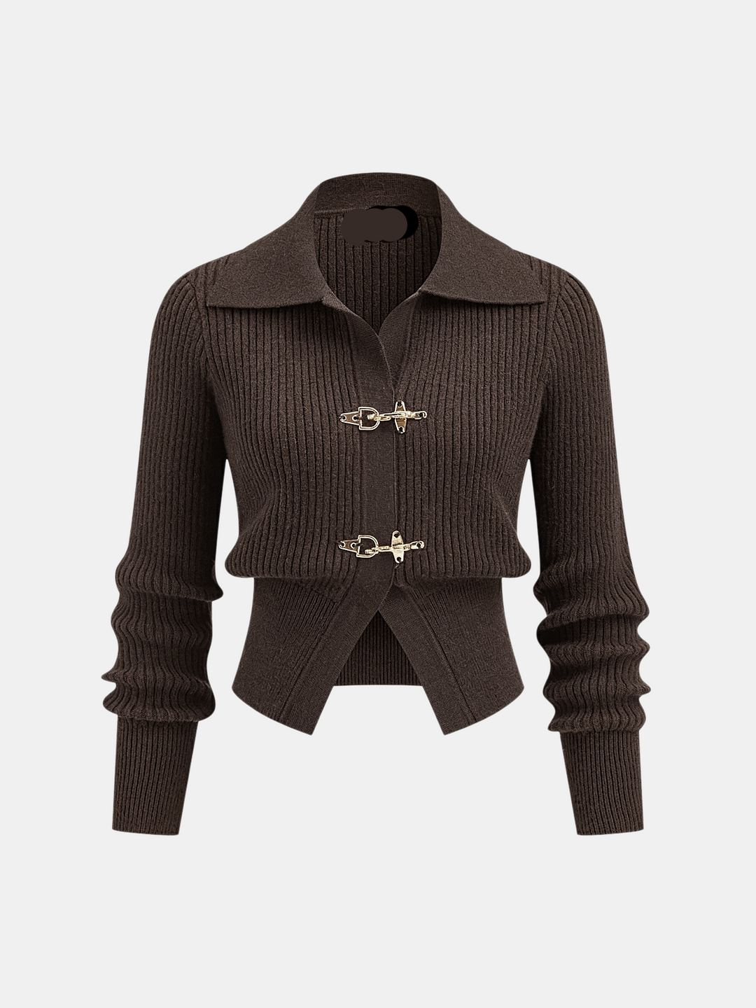 Collared Metal Buckle Ribbed Cropped Sweater