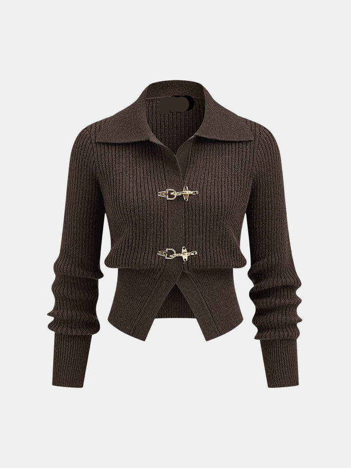 Collared Metal Buckle Ribbed Cropped Sweater