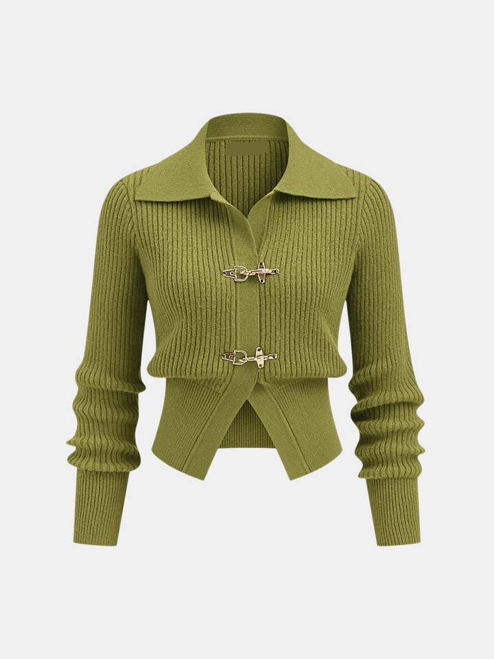 Collared Metal Buckle Ribbed Cropped Sweater
