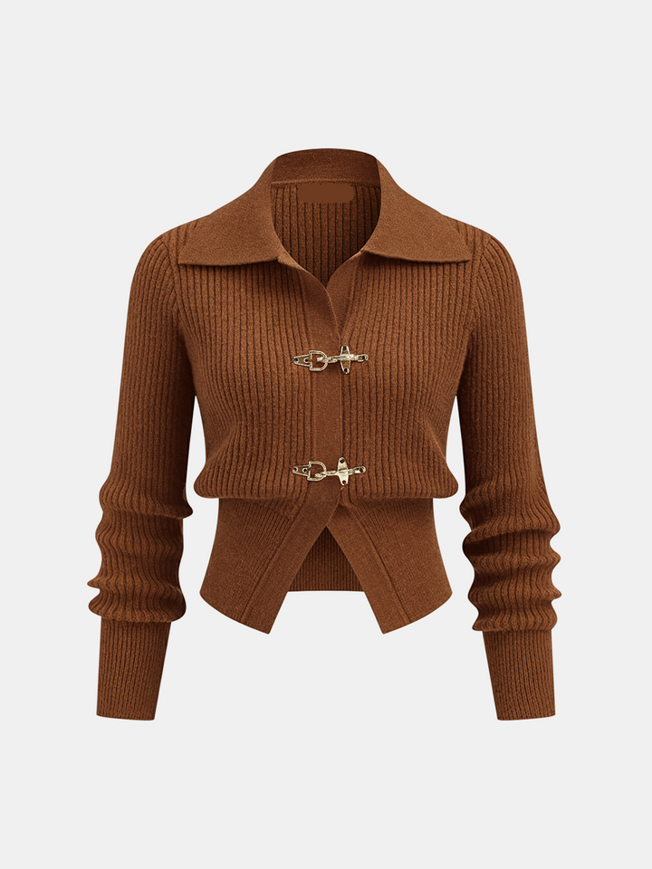 Collared Metal Buckle Ribbed Cropped Sweater