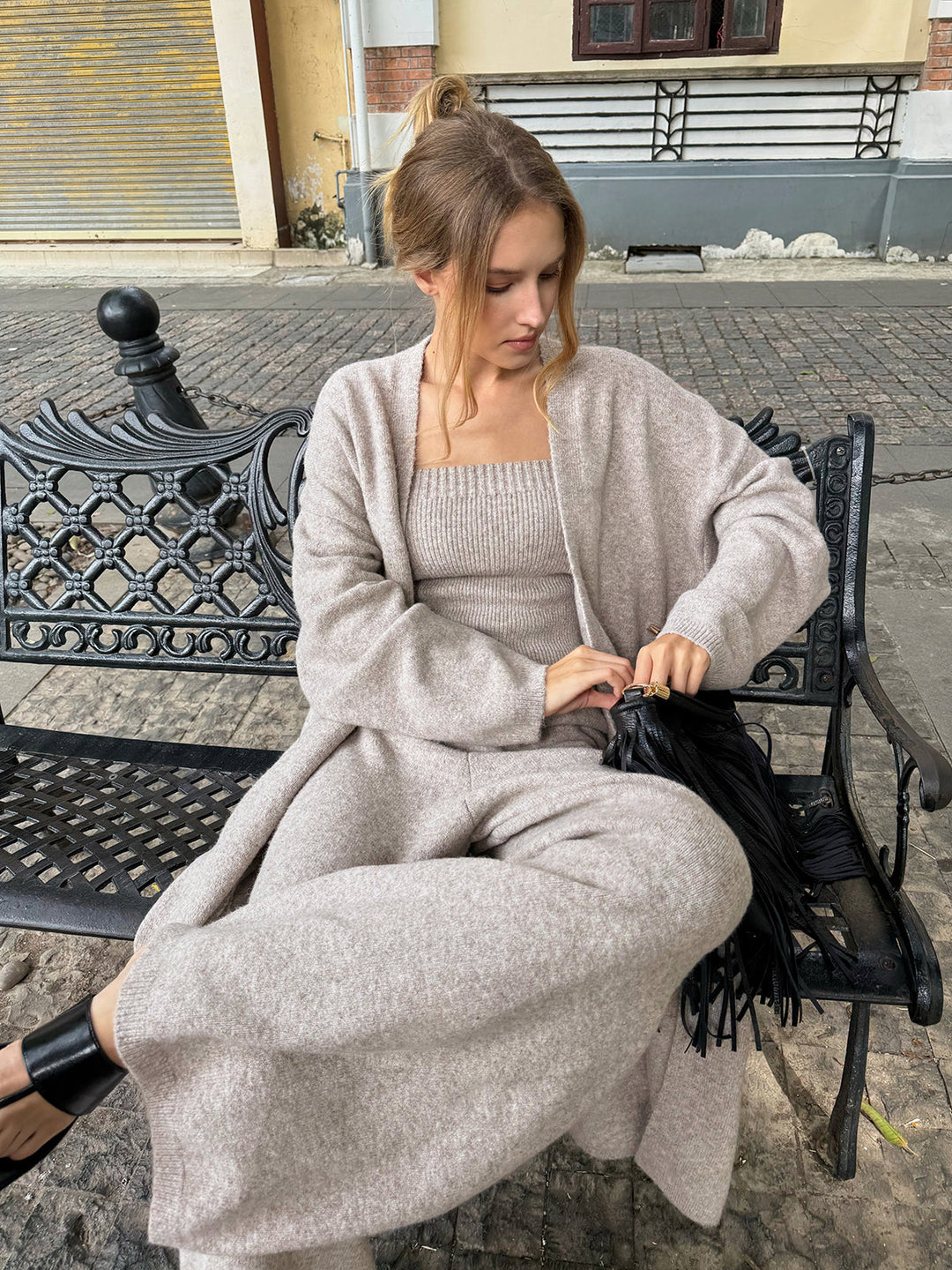 Комплект от три части плетен кардиган бюстие 