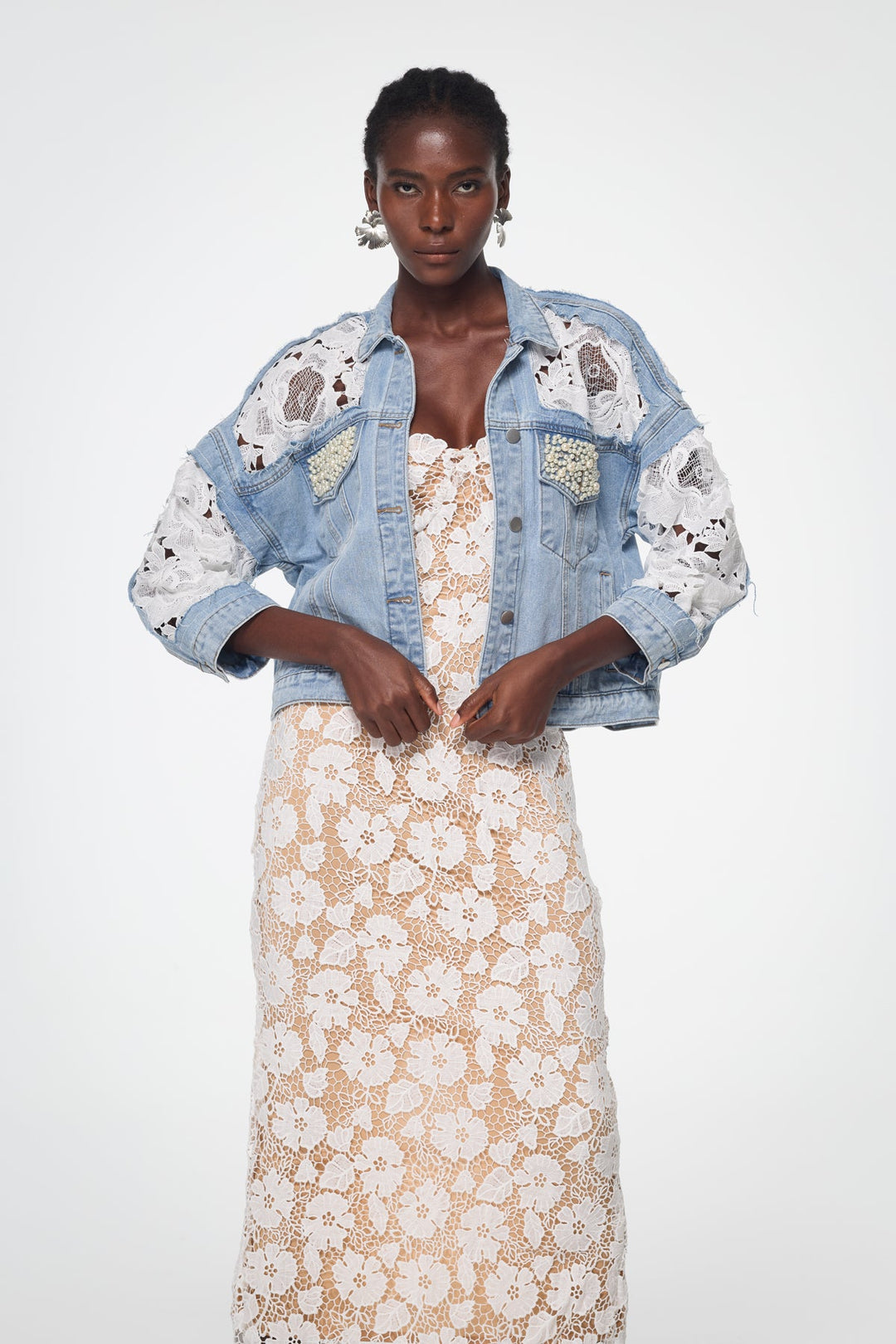 Bagadata Lace Floarl Pearl Denim Jacket
