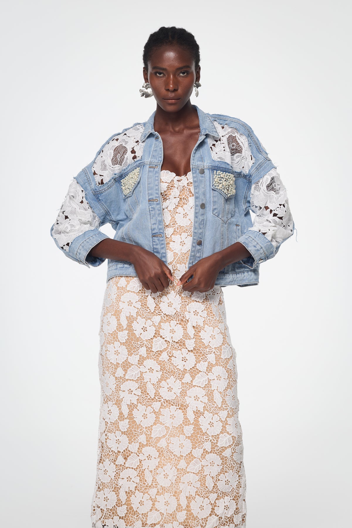 Bagadata Lace Floarl Pearl Denim Jacket