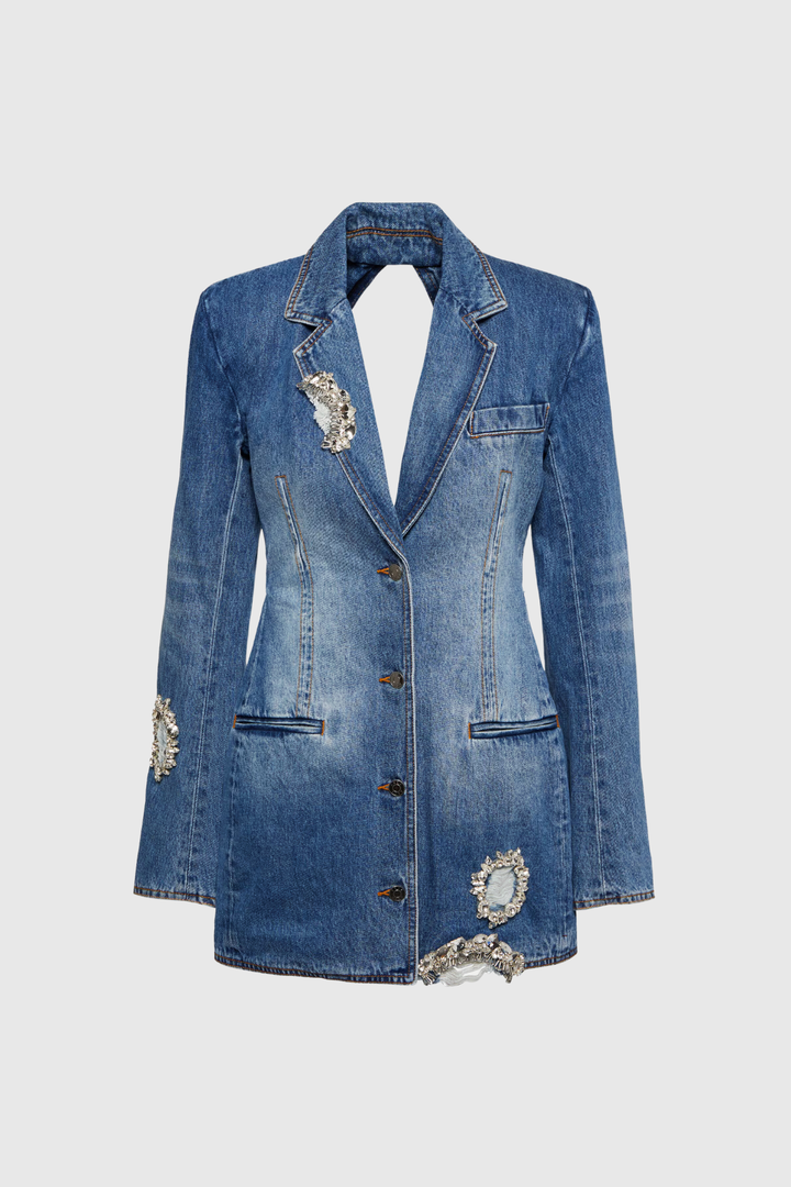 Baldwin Rhinestone Cutout Lapel Denim Mini Dress - Celestia Couture