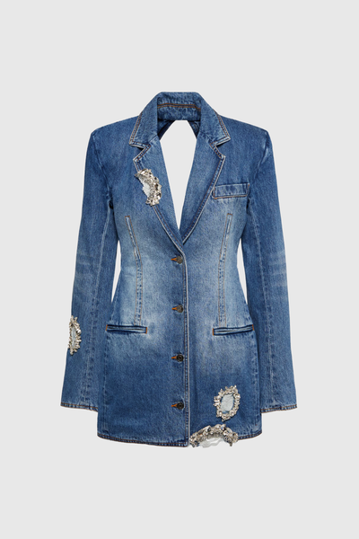 Baldwin Rhinestone Cutout Lapel Denim Mini Dress