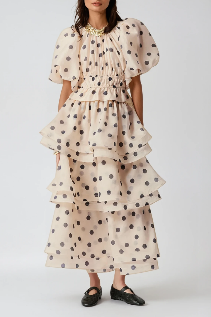Bartholomei Balloon Sleeve Dot Ruffle Skirt Set - Celestia Couture
