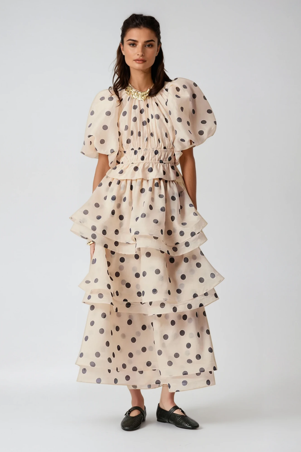 Bartholomei Balloon Sleeve Dot Ruffle Skirt Set - Celestia Couture