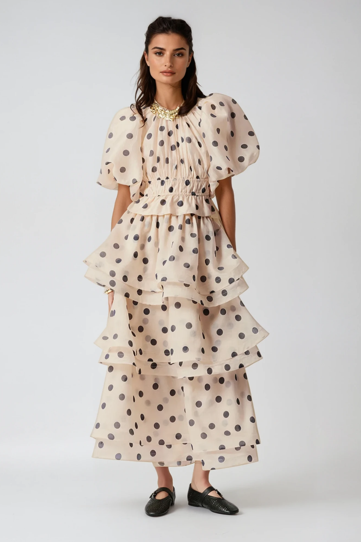 Bartholomei Balloon Sleeve Dot Ruffle Skirt Set