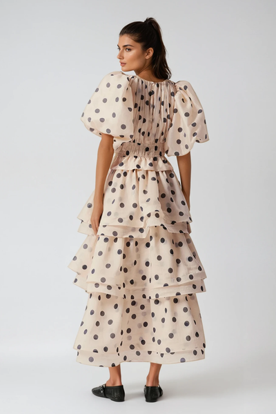 Bartholomei Balloon Sleeve Dot Ruffle Skirt Set
