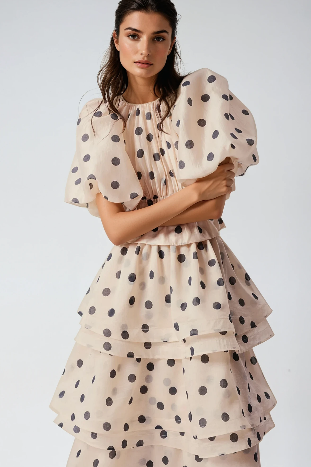 Bartholomei Balloon Sleeve Dot Ruffle Skirt Set - Celestia Couture