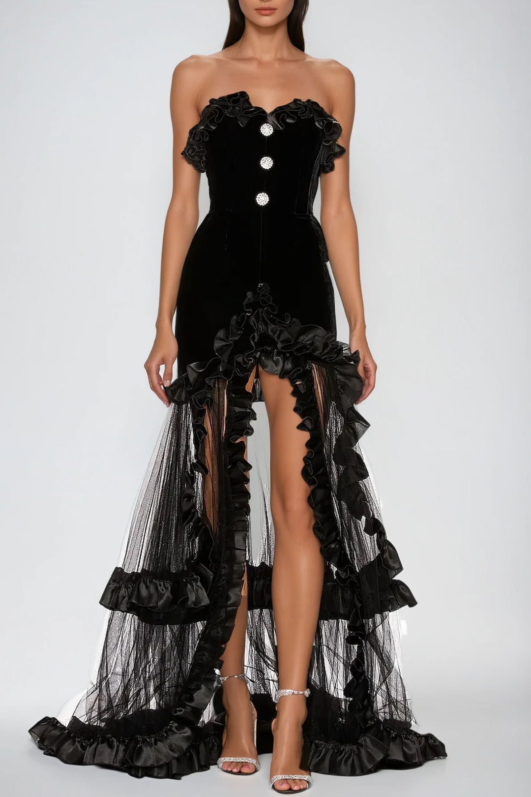 Barukh Ruffle Strapless Mesh Maxi Dress - Celestia Couture