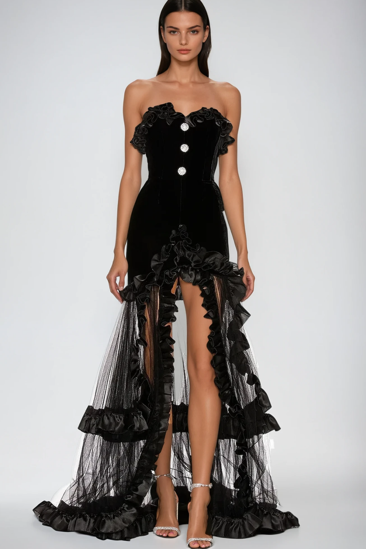 Barukh Ruffle Strapless Mesh Maxi Dress - Celestia Couture