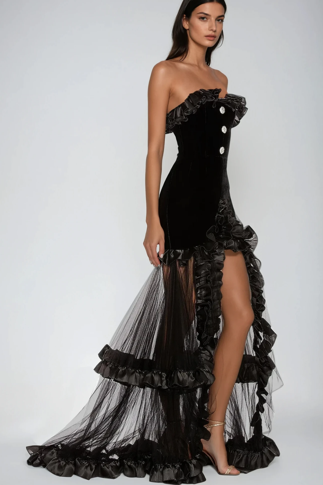 Barukh Ruffle Strapless Mesh Maxi Dress - Celestia Couture