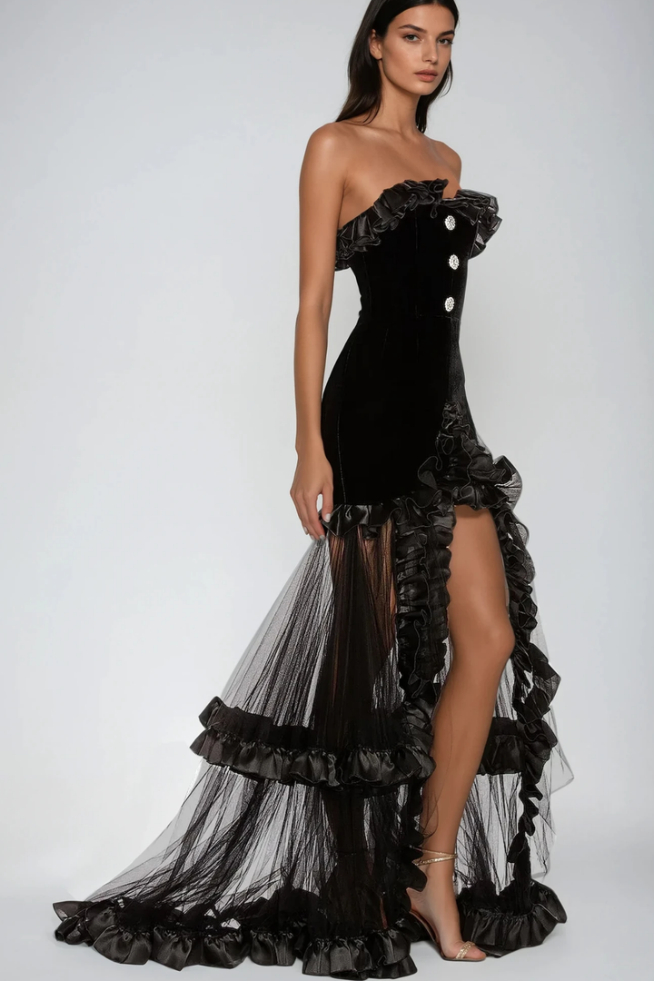 Barukh Ruffle Strapless Mesh Maxi Dress - Celestia Couture