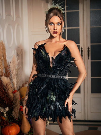 Chic Bates Feather Belted Mini Dress for Effortless Style - Celestial Couture