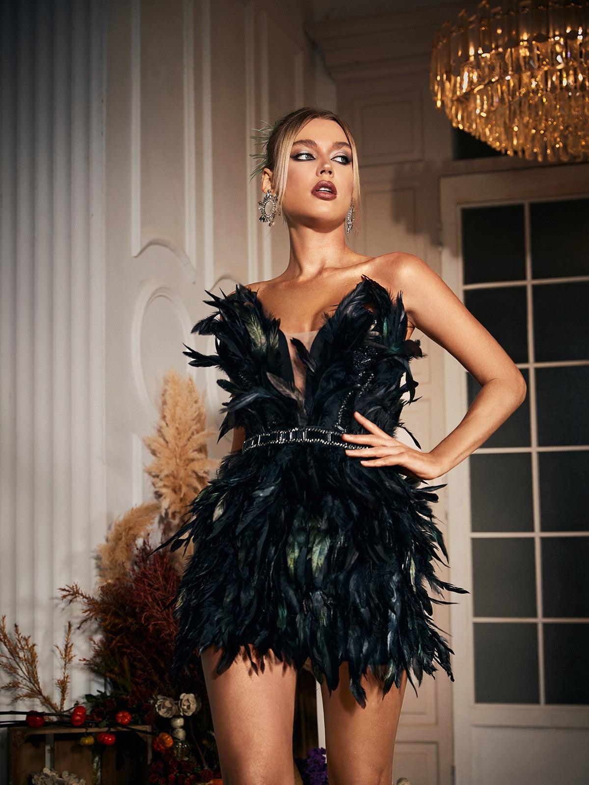 Chic Bates Feather Belted Mini Dress for Effortless Style - Celestial Couture