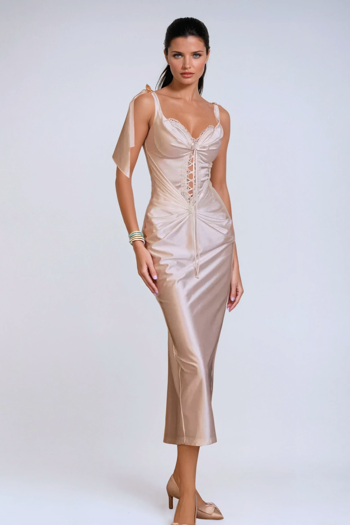 Beowulf Satin Corset Midi Dress - Celestia Couture