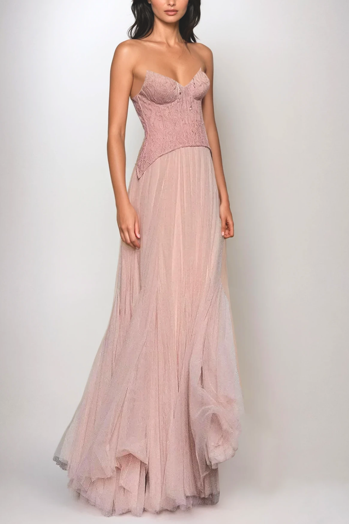 Beppe Lace Corset Tulle Dress In Blush - Celestia Couture