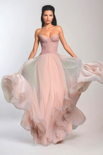 Beppe Lace Corset Tulle Dress In Blush
