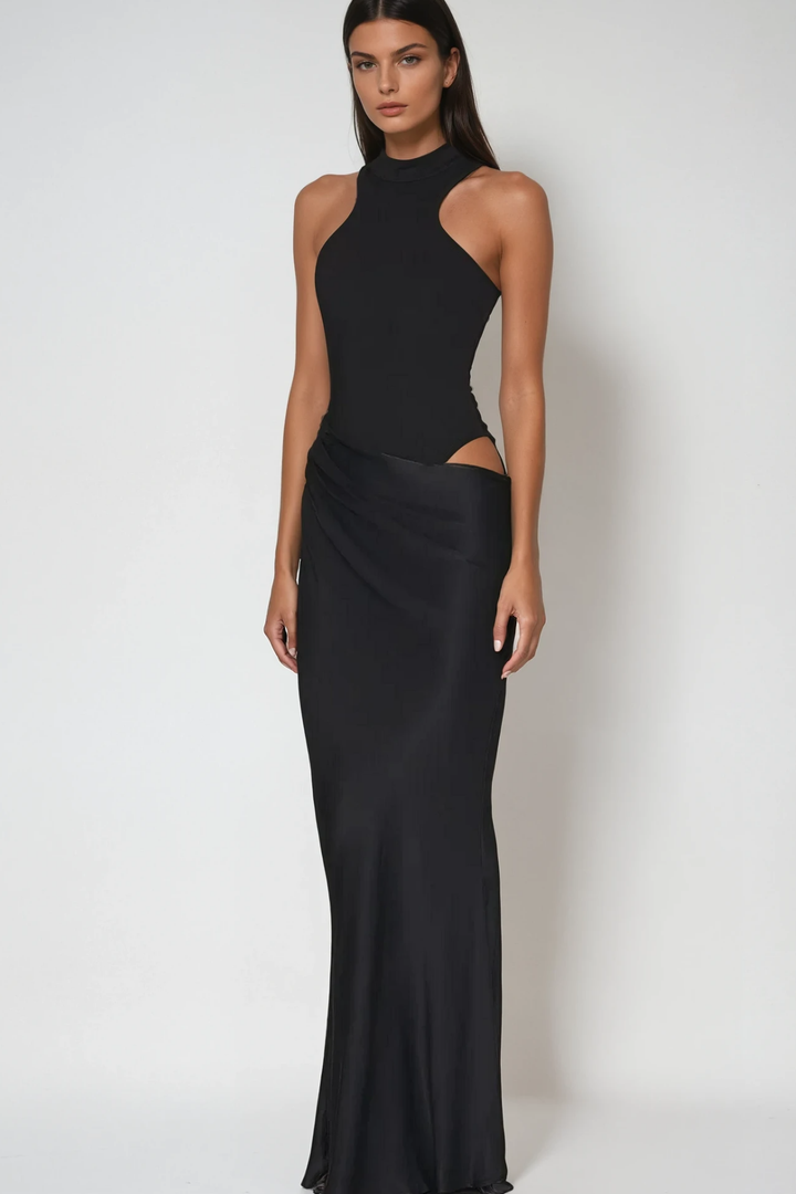 Beres Tank Top Satin Maxi Dress In Black - Celestia Couture