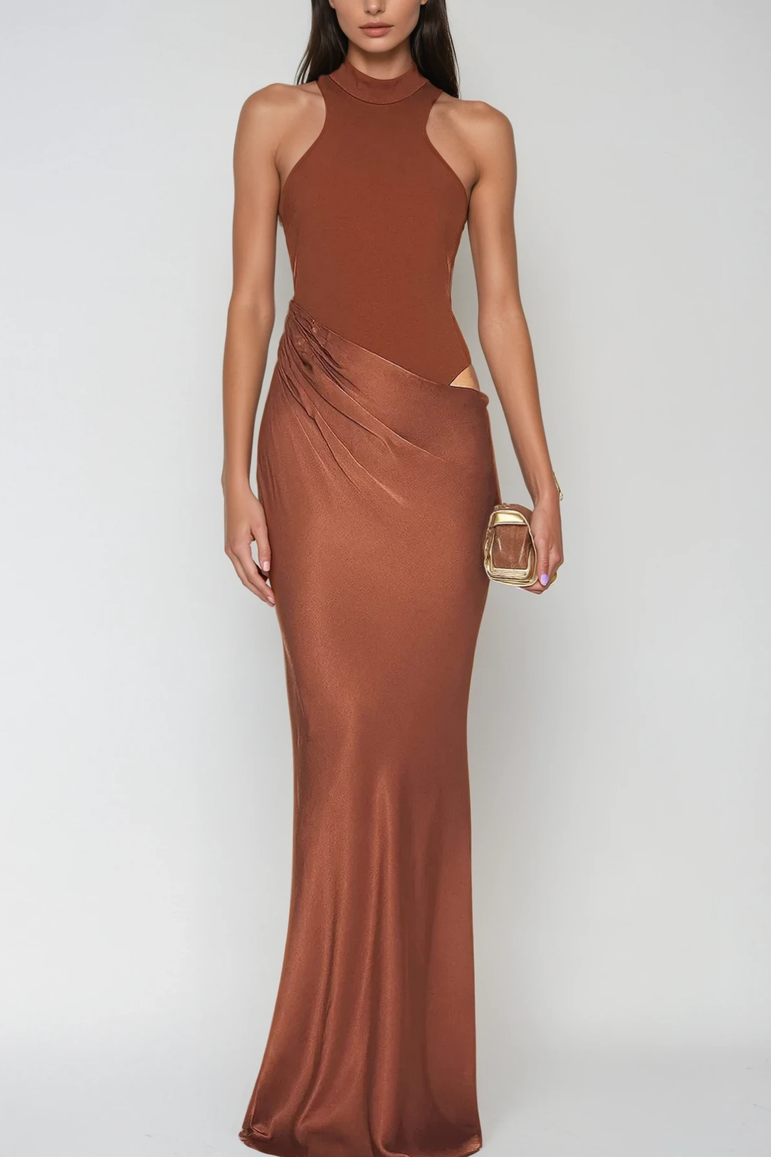 Beres Tank Top Satin Maxi Dress In Brown - Celestia Couture