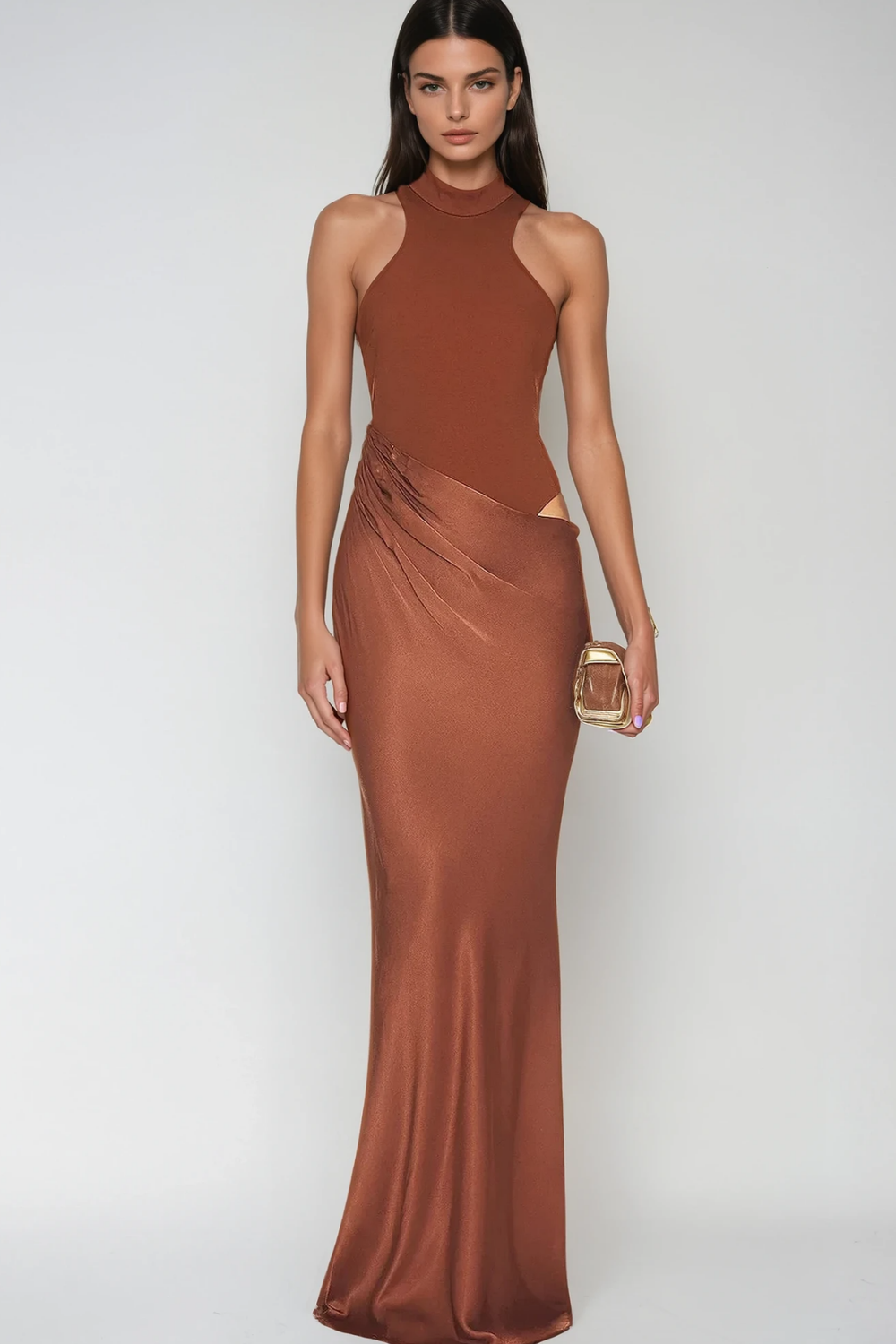 Beres Tank Top Satin Maxi Dress In Brown - Celestia Couture