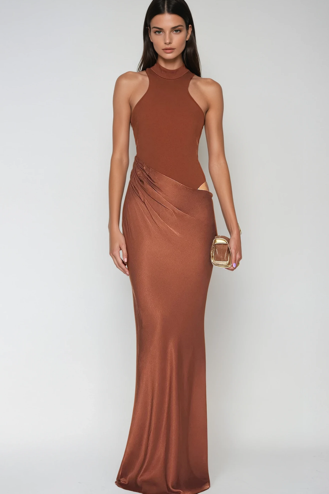 Beres Tank Top Satin Maxi Dress In Brown - Celestia Couture