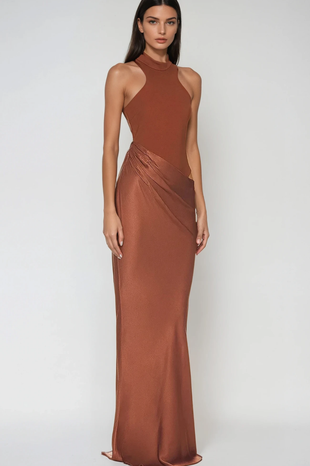 Beres Tank Top Satin Maxi Dress In Brown - Celestia Couture