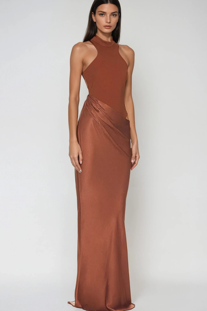 Beres Tank Top Satin Maxi Dress In Brown - Celestia Couture