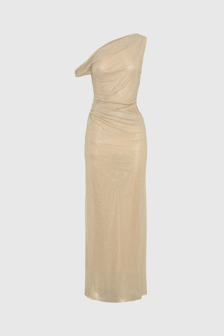 Berlioz Diamante One Shoulder Dress In Apricot - Celestia Couture