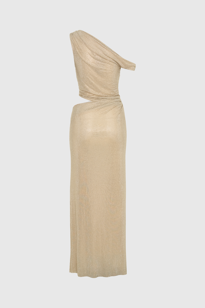 Berlioz Diamante One Shoulder Dress In Apricot - Celestia Couture