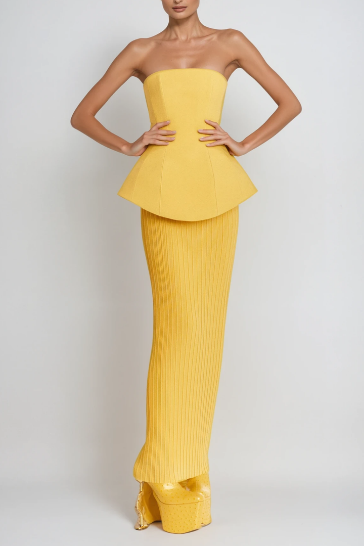Bern Strapless Maxi Skirt Set In Lemon - Celestia Couture