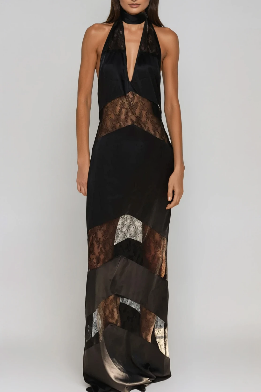 Bernal Satin Lace Cutout Floral Maxi Dress In Black - Celestia Couture