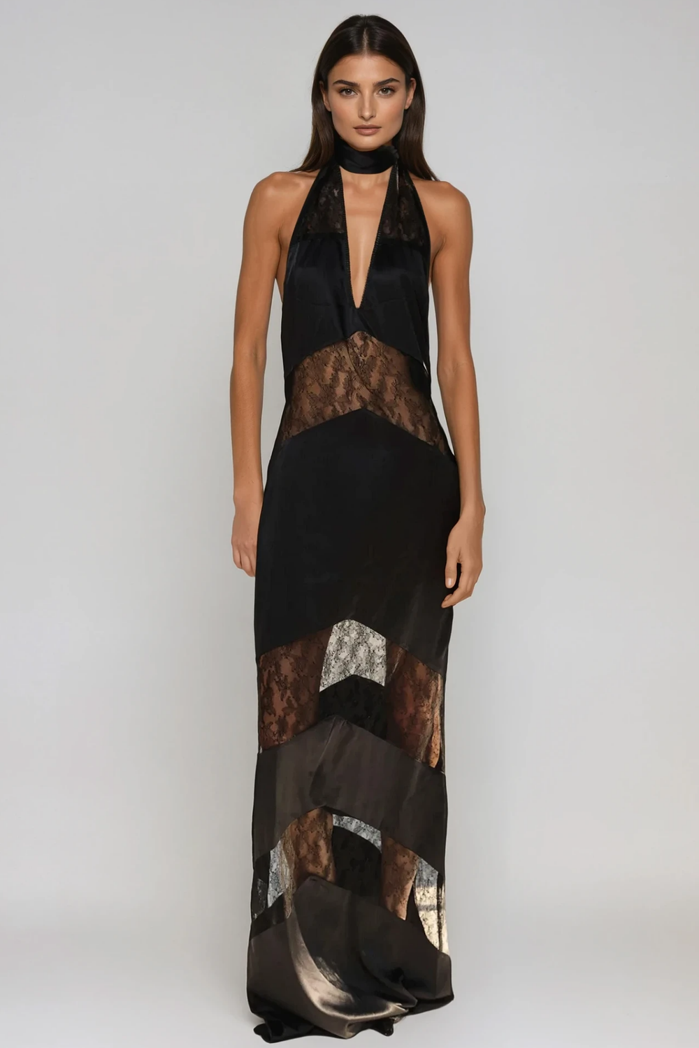 Bernal Satin Lace Cutout Floral Maxi Dress In Black - Celestia Couture