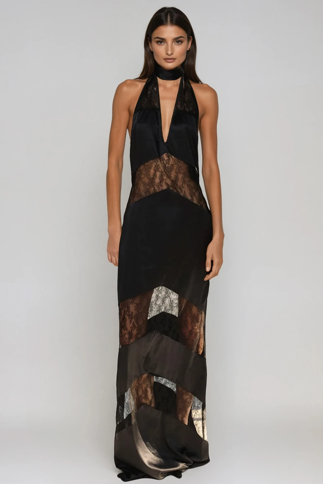 Bernal Satin Lace Cutout Floral Maxi Dress In Black - Celestia Couture