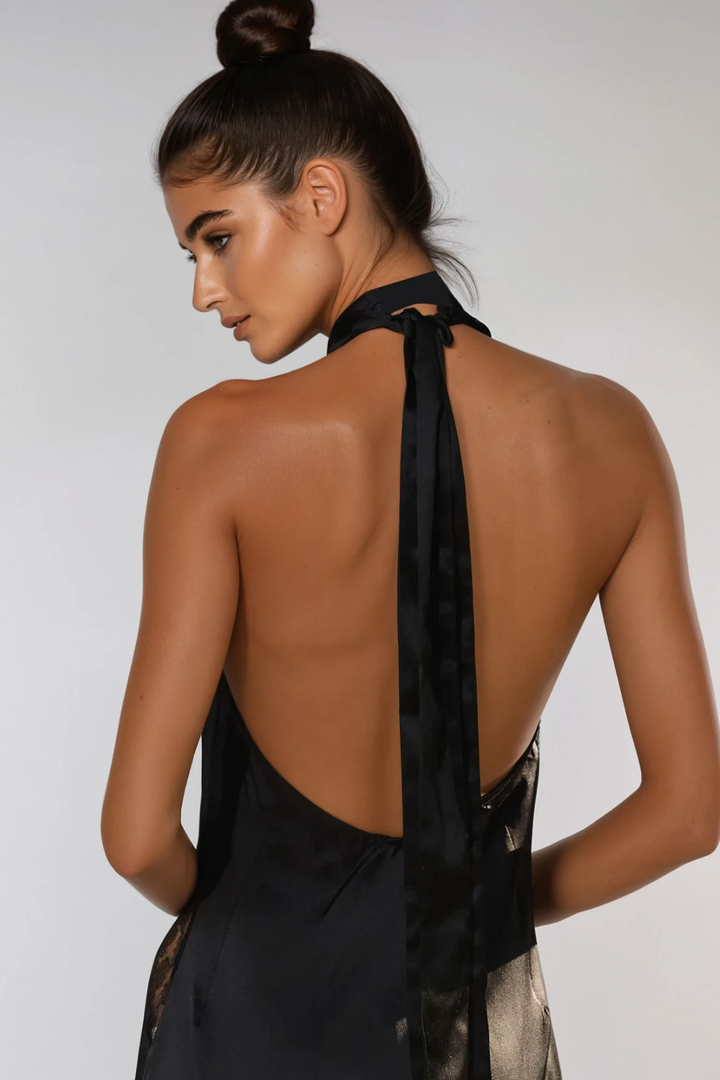 Bernal Satin Lace Cutout Floral Maxi Dress In Black - Celestia Couture