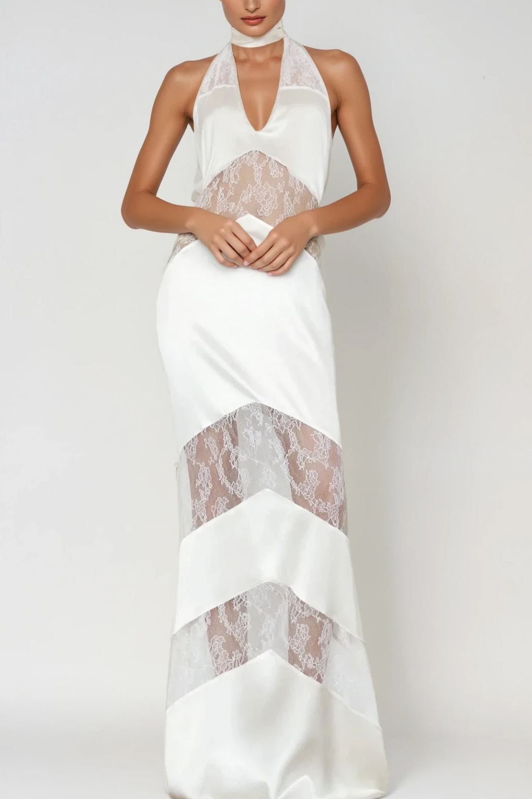 Bernal Satin Lace Cutout Floral Maxi Dress In White - Celestia Couture