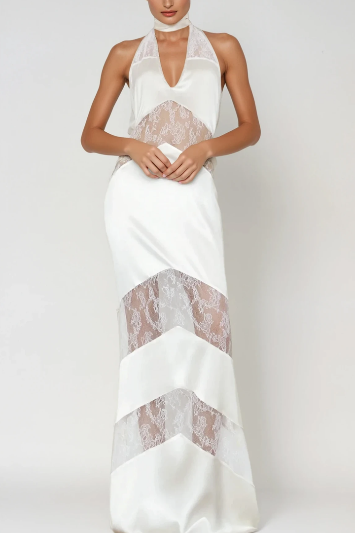 Bernal Satin Lace Cutout Floral Maxi Dress In White - Celestia Couture