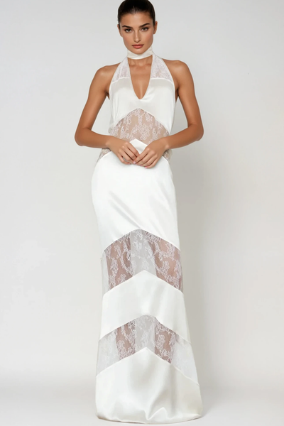 Bernal Satin Lace Cutout Floral Maxi Dress In White
