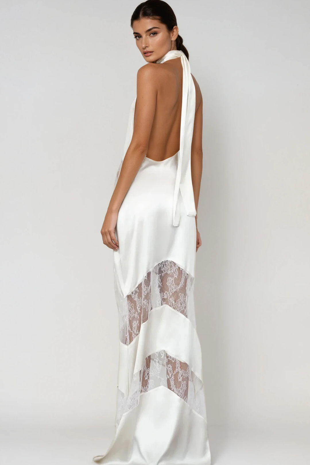 Bernal Satin Lace Cutout Floral Maxi Dress In White - Celestia Couture