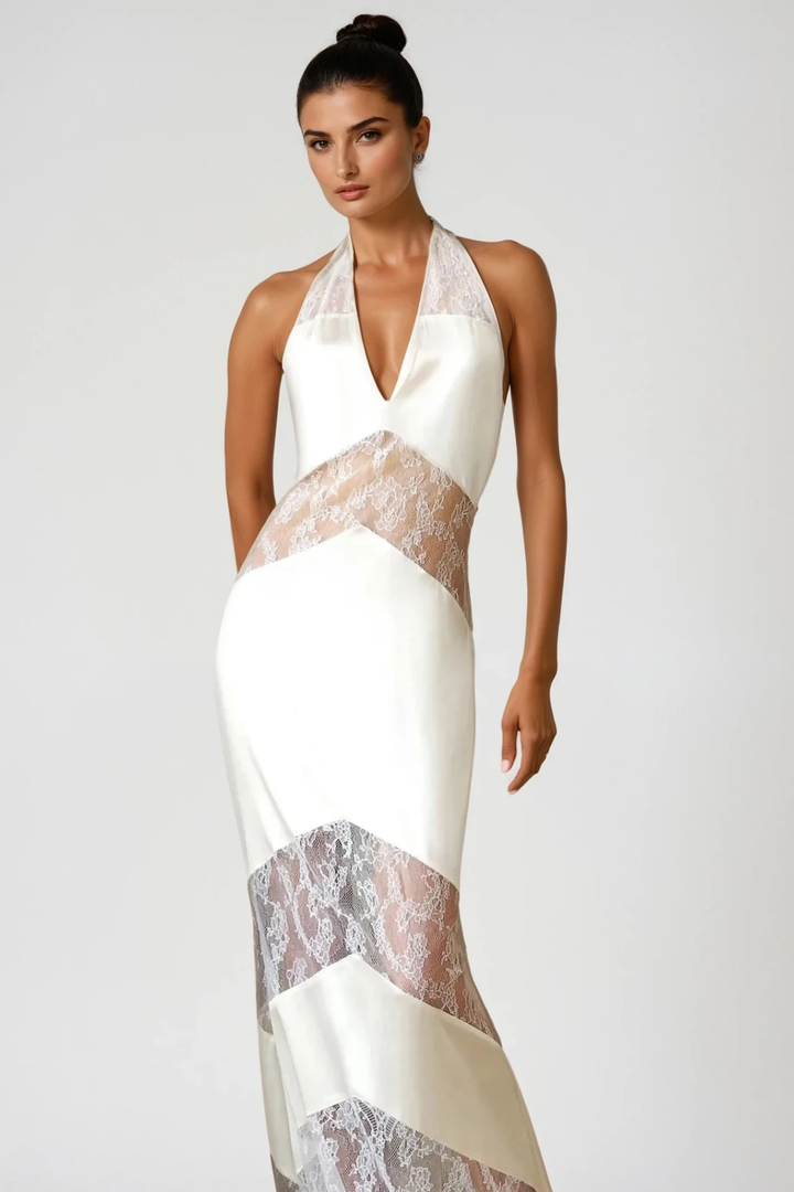 Bernal Satin Lace Cutout Floral Maxi Dress In White - Celestia Couture
