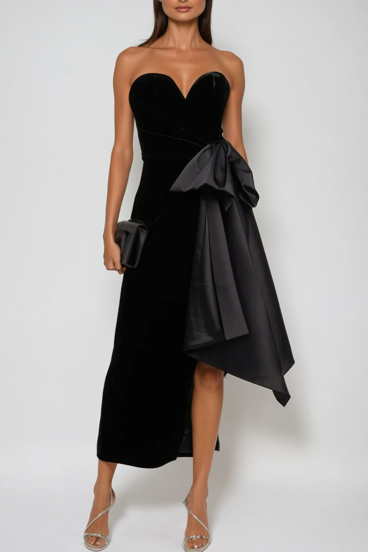 Beroe Strapless Asymmetric Bow Split Maxi Dress - Celestia Couture